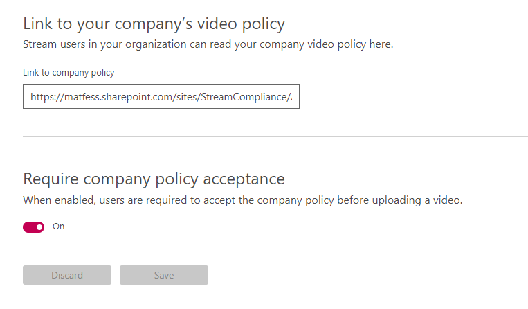 Link to your company's video policy within Microsoft Stream administration console