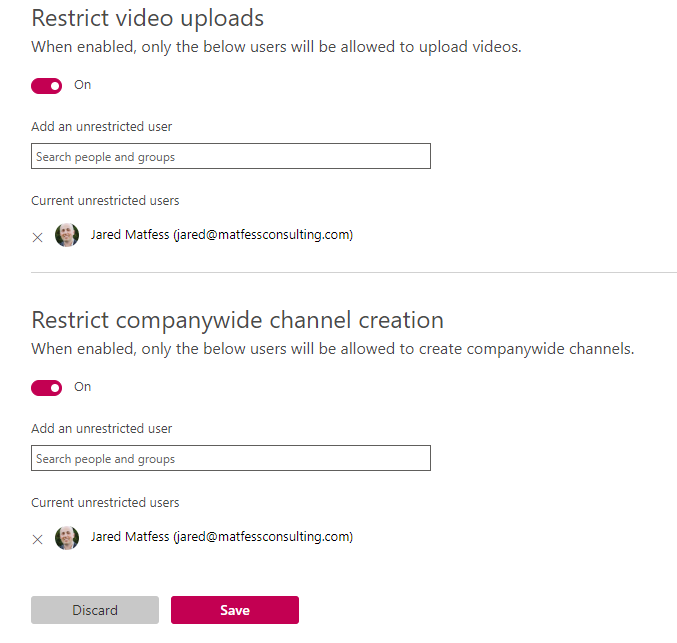 Microsoft Stream restrict video uploads, and restrict companywide channel creation